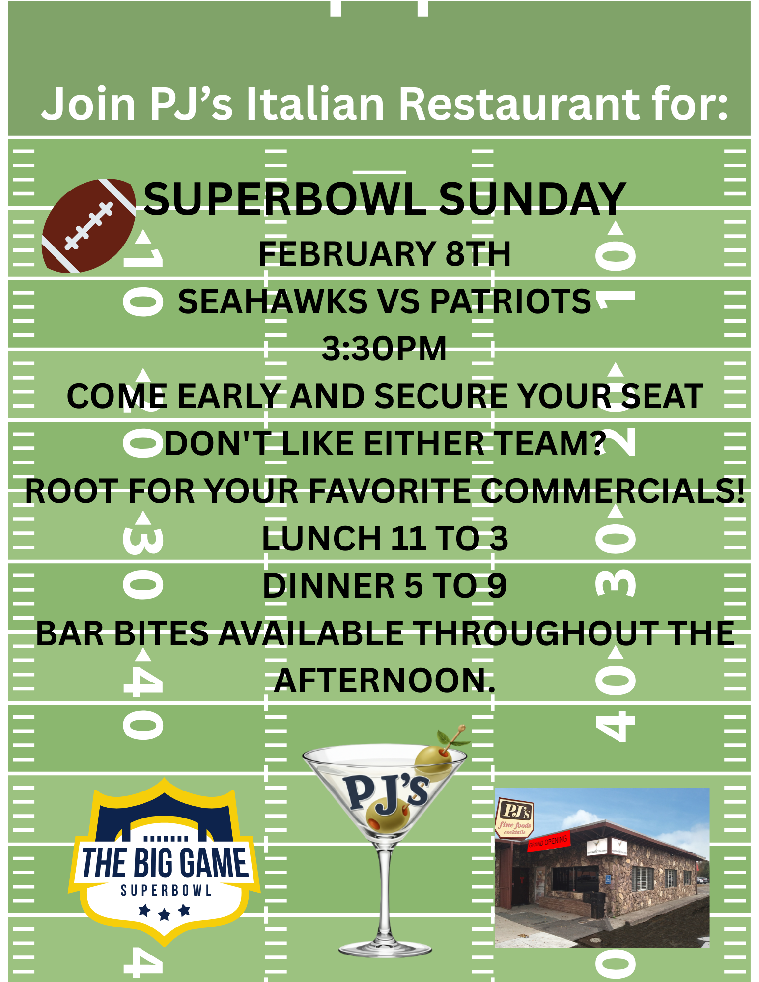 SUPERBOWL SUNDAY at PJs ITALIAN RESTAURANT