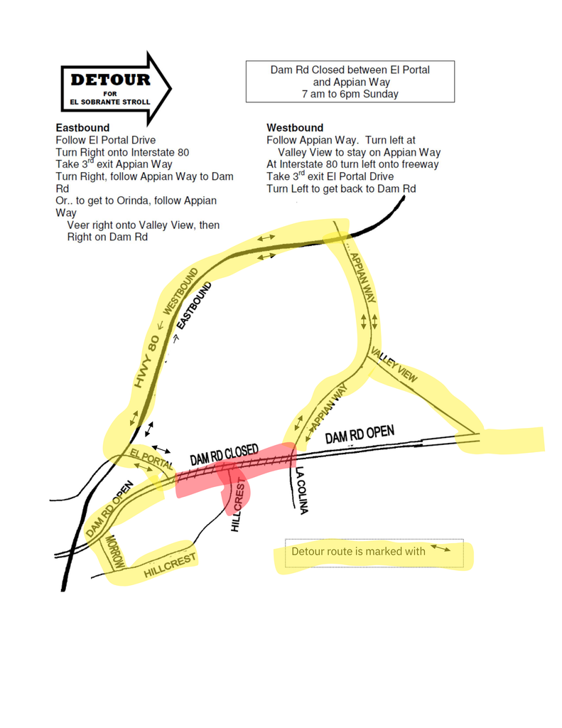 Map showing San Pablo Dam Rd Closure with Detour routes around the area
